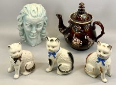 LARGE BARGEWARE TEAPOT WITH APPLIED DECORATION, the lid with finial, 32cms H, 3 x Staffordshire