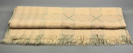 WELSH WOOLEN DOUBLE SIDED & FRINGED BLANKET, geometric pattern in muted pink and blue, 190 x 144cms