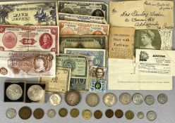 SMALL MIXED GROUP OF COLLECTABLE COINS & BANK NOTES ETC, to include a George VI 1937 crown, J S