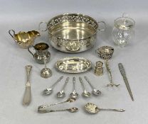 HALLMARKED SILVER & PLATED WARE GROUP to include a silver lidded glass preserve pot with spoon,