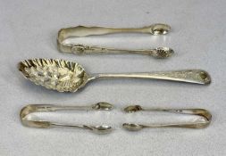 SILVER BERRY SPOON & THREE PAIRS OF SUGAR TONGS, London 1813, maker possibly Stephen Adams II, the