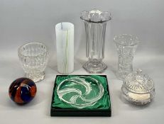 FRENCH RED & BLUE SWIRLED GLASS PAPERWEIGHT / DOORSTOP, 11cms H, 12cms diam., boxed Galway Irish