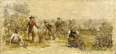 19TH CENTURY FRENCH SCHOOL oil on canvas - grape pickers in vineyard, 36 x 77cms
