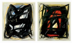 MEME FERRE mixed media, a pair - abstract, signed and dated '89 lower right, 43 x 35.5cms