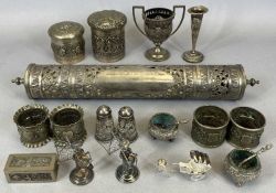 COLLECTION OF ASIAN WHITE METAL GOODS - 19 items, to include a pierced scroll holder with