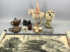 OSTRICH EGG PAINTED WITH BONTBOK SOUTH AFRICA BY MONICA WILSON, carved hardstone figure of