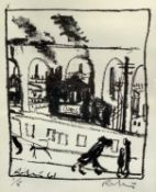 HAROLD RILEY limited edition (1/5) black and white print - figures and dog in front of building,