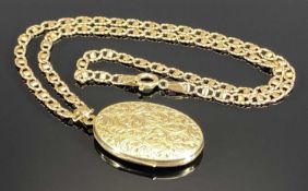 VINTAGE 9CT GOLD OVAL LOCKET & NECKLACE, the locket front with foliate decoration, 4cms L (incl.