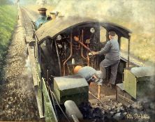PHILIP D HAWKINS oil on canvas - steam train with driver and stoker before signals, signed lower