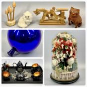 VINTAGE WOOLWORK FLORAL ARRANGEMENT UNDER GLASS DOME on wooden plinth, 46cms H, blue glass 'Witches'