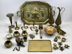 INDIAN BRASS TEA TRAY, heavily embossed and depicting Gannesh and attendants to the centre, 58 x