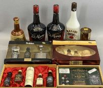 VARIOUS WHISKY MINIATURE GIFT SETS, 2 x Tia Maria 1L bottles, 1 x Malibu 70cl, 1 x Wade Bell