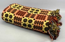 WELSH WOOLEN DOUBLE SIDED & FRINGED BLANKET, geometric pattern in vivid yellow, orange and black,
