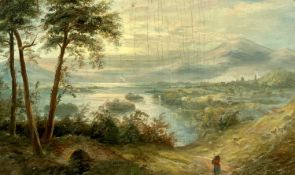 WITT HOODLESS oil on canvas - extensive mountainous lake view with figure in foreground, inscribed