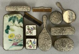 CHINESE PORCELAIN MOUNTED WHITE METAL BOXES & A CHILD'S DRESSING TABLE HAND MIRROR AND BRUSH SET,