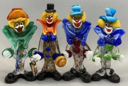 MURANO MULTI-COLOURED GLASS CLOWN FIGURES x 4, 23cms H, 1 x boxed