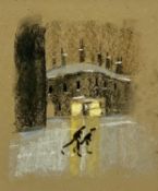 HAROLD RILEY charcoal and pastel - two figures before illuminated building, 21 x 17cms Provenance: