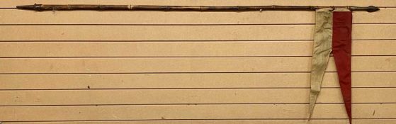19TH CENTURY BAMBOO CAVALRY LANCE, with steel head and shoe, red and cream guidon attached, 222cms L