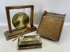 VICTORIAN WALNUT & EBONISED DESK STAND, with gilded brass mounts, having a single drawer and twin