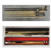 SNOOKER CUES x 4, Riley Burwat two-piece in case, Rolls Royce two-piece in case, BCE Tony Knowles