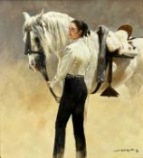 JUDI KENT PYRAH (British, 20th Century) acrylic oil on board - titled verso 'Andalucian Beauty',