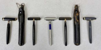 SWAN MABIE TODD SELF FILLER FOUNTAIN PENS x 2, black with 14k nibs and leather pouches, Parker