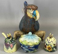 OLD TUPTON WARE FLORAL DECORATED HONEY POTS x 2, the covers with bee finials, both boxed, one with