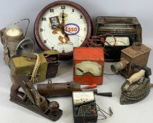 CIRCULAR ESSO TIGER WALL CLOCK, 30.5cms diam., an Avometer vault meter in leather case, various