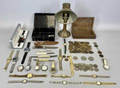 VINTAGE BRASS STUDENTS' CANDLESTICK LAMP, 29cms H, an Indian carved wood box, 20cms W, various gents