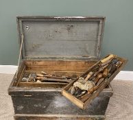 CARPENTER'S VINTAGE PINE LIDDED TOOL CHEST & CONTENTS, 47.5cms H, 93cms W, 52cms D Provenance: