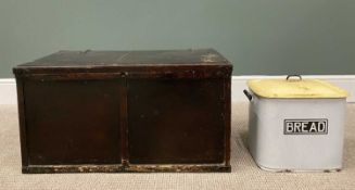 VINTAGE WOODEN BLANKET BOX & LIDDED ENAMEL BREAD BIN, 39cms H, 75cms W, 42cms D and 31cms H, 36cms