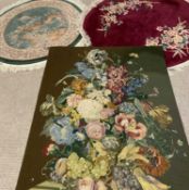 TWO CIRCULAR CHINESE WASHED WOOLLEN RUGS & MODERN WALL HANGING TAPESTRY, the first rug green