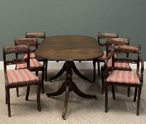 REGENCY MAHOGANY TWIN PEDESTAL DINING TABLE & SIX (5+1) DINING CHAIRS, the crossbanded top having an