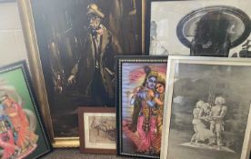 FURNISHING GROUP OF PAINTINGS & PRINTS, comprising a gilt framed oil on canvas of an elderly pipe