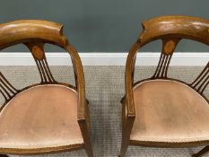 PAIR OF WALNUT & STRING INLAID MAHOGANY TUB CHAIRS, having a shaped crest rail and three pierced