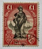 MALTA - £1 fine used cat wmk sideways, SG cat £375