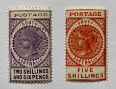 SOUTH AUSTRALIA - 2/6 and 5/- stamps SG 304 + 305 perforated OS, unmounted mint, high cat