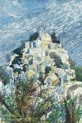 ‡ GWILYM PRICHARD mixed media - untitled, a Mediterranean scene with church on hilltop, signed in