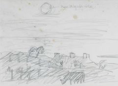 ‡ SIR KYFFIN WILLIAMS RA preliminary pencil sketch - farmstead with cattle in foreground, 24 x 33cms