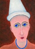 ‡ JACK JONES oil on board - untitled, portrait of a pierrot clown, unsigned, 19.5 x 14.5cms