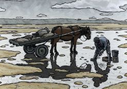 ‡ ALAN WILLIAMS acrylic on board – entitled verso ‘Cockle Picker and cart’, signed, 46 x 67cms