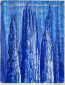 ‡ JOHN PETTS monotype and ink - entitled verso, 'Three Crags', signed and dated 1973, 47 x 36cms