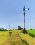 ‡ LAURENCE ROCHE acrylic – railway track with isolated station and signal, entitled verso ‘Beware of