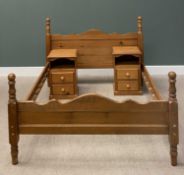 MODERN PINE DOUBLE BEDFRAME & TWO BEDSIDE TWO-DRAWER CABINETS, the frame to take a 5ft 2 mattress,