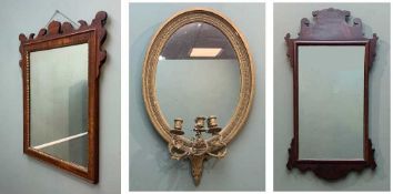 THREE MIRRORS including MAHOGANY GEORGIAN-STYLE FRET MIRROR, 69 x 38cms, VICTORIAN GILT GESSO