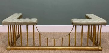 EARLY 20TH C. BRASS & LEATHER CLUB FENDER, buttoned upholstered grey leather padded seats, 52h x