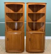 TWO MID-CENTURY ERCOL WINDSOR 743C CORNER CABINETS, gold label, solid elm, two fixed shelves above