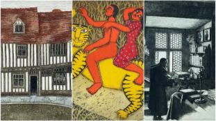 THREE ETCHINGS, comprising Joseph Benwell Clark print of a medieval alchemist, 30 x 22.5cms; Valerie