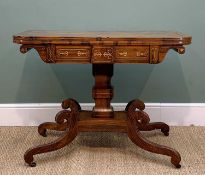 REGENCY ROSEWOOD BRASS INLAID CARD TABLE, lockable hinged swivel leaf, green baize lined interior,