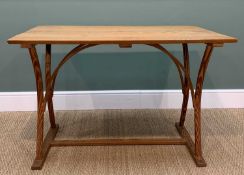 ARTS & CRAFTS STYLE TABLE, knotted pine top, on pitch pine legs with bowed supports, 76h x 114w x